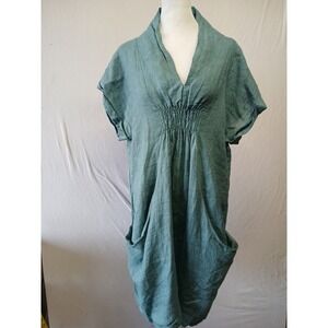Meo meli 100% linen pocket dress sage green lagenlook sustainable v neck